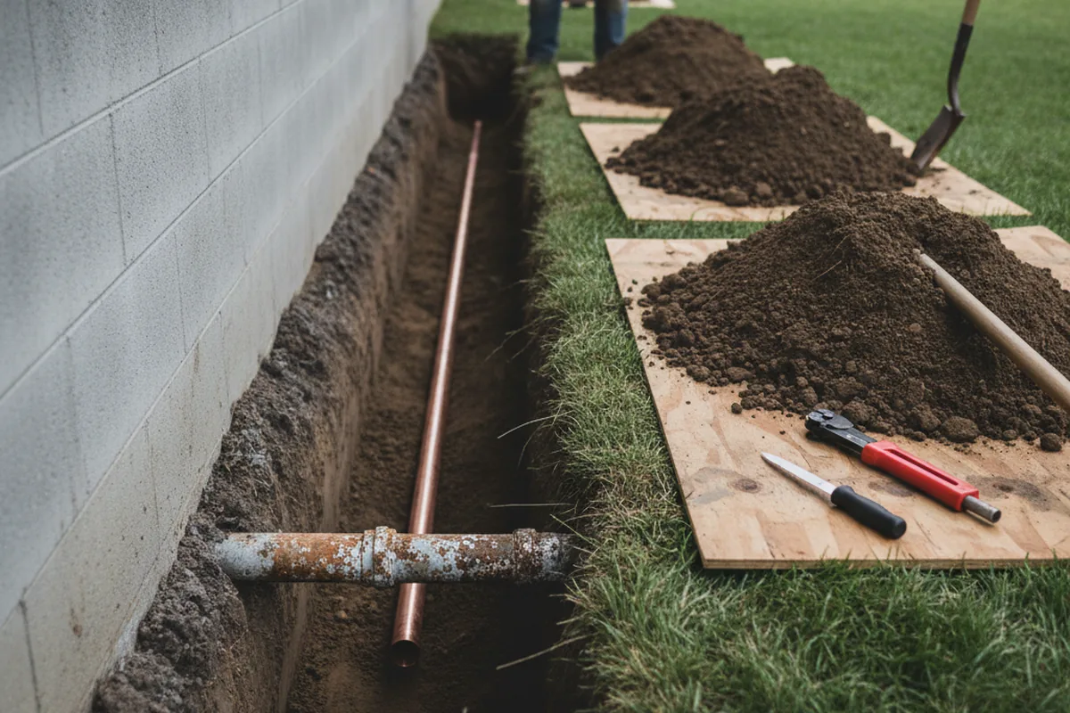 Excavated water line trench during Sewer Line Repair in Branchville